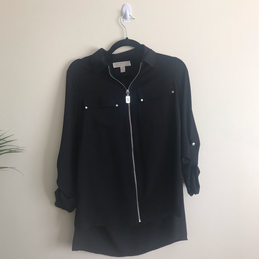 MICHAEL KORS BLACK ZIP UP BLOUSE